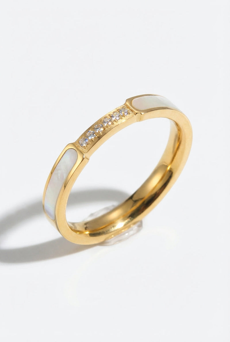 Gold Mother of Pearl Inlay Gold-tone Band Ring with Crystal Accents - Rings - Photo 2