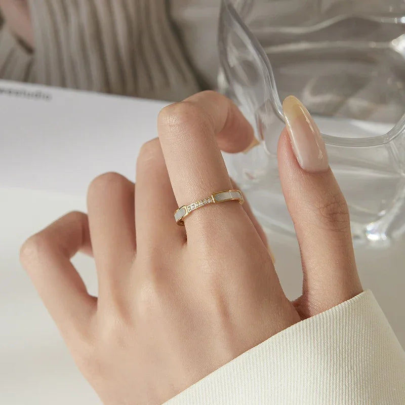 Gold Mother of Pearl Inlay Gold-tone Band Ring with Crystal Accents - Rings - Photo 3