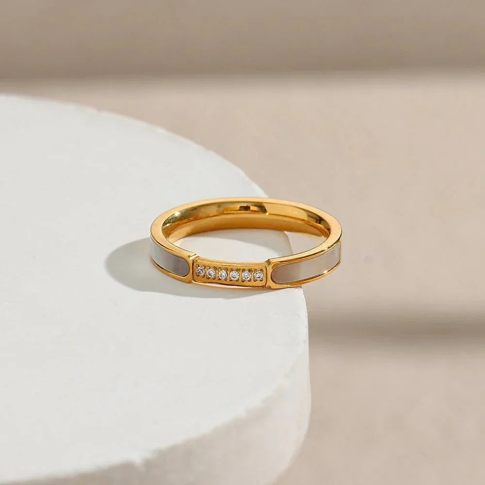 Gold Mother of Pearl Inlay Gold-tone Band Ring with Crystal Accents - Rings - Photo 4