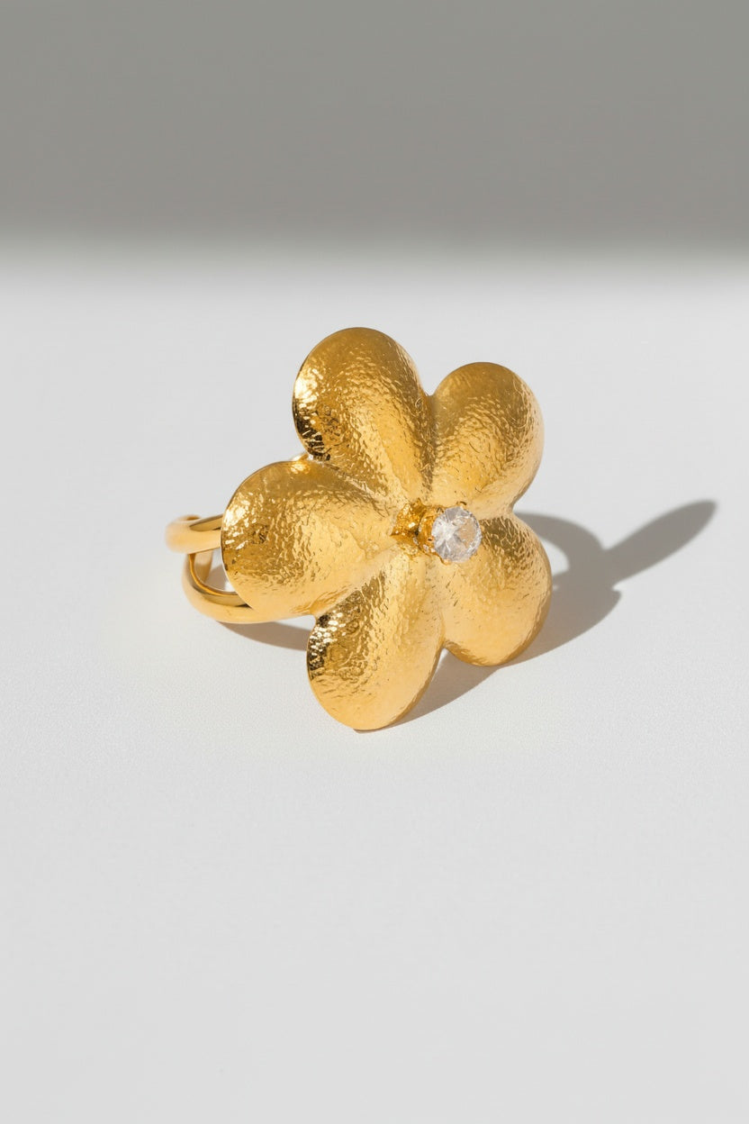 Gold Textured Gold Flower Statement Ring with Crystal Center - Statement rings - Photo 6