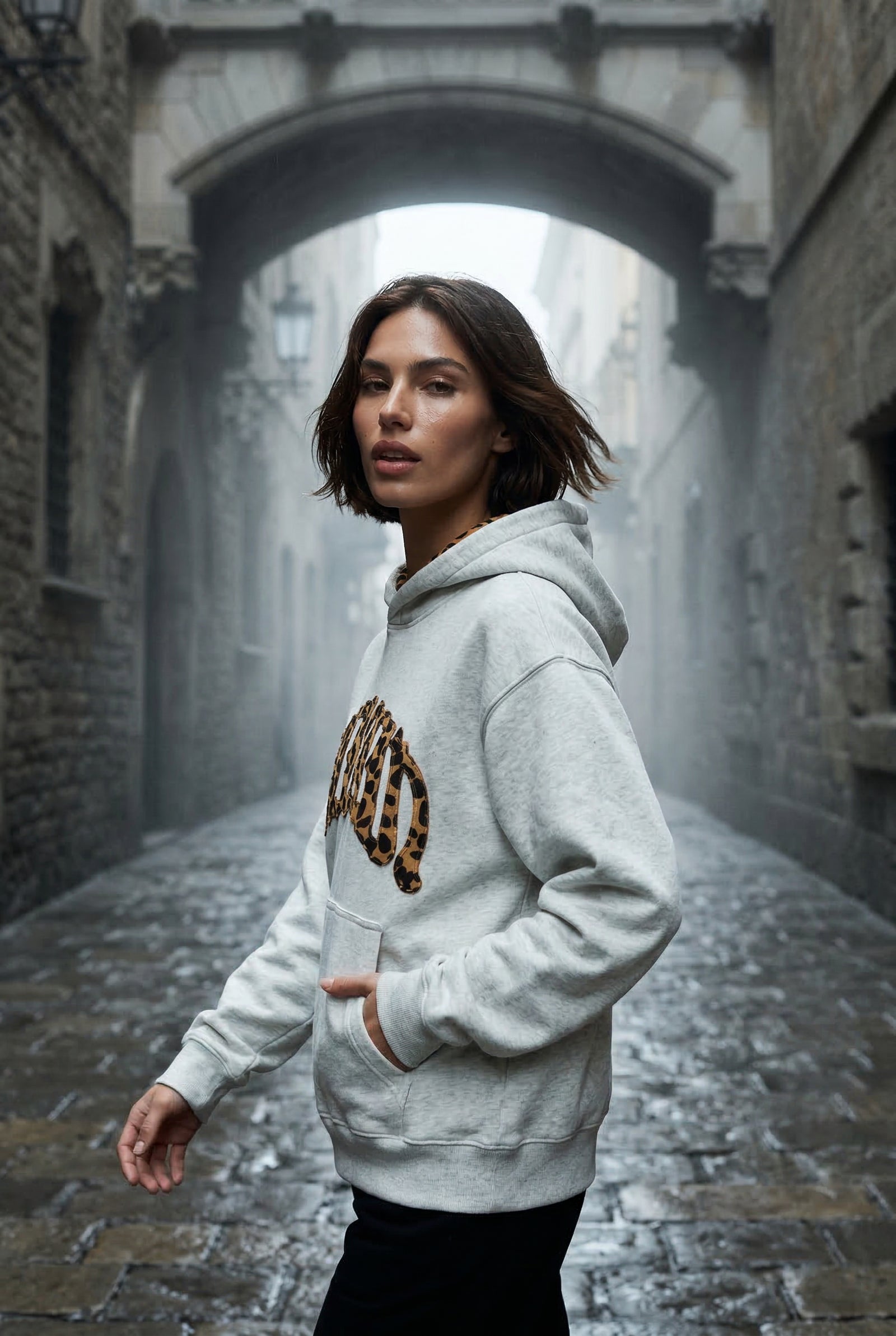 Gray Animal Print Appliqué Relaxed Fit Casual Hoodie - Photo 3