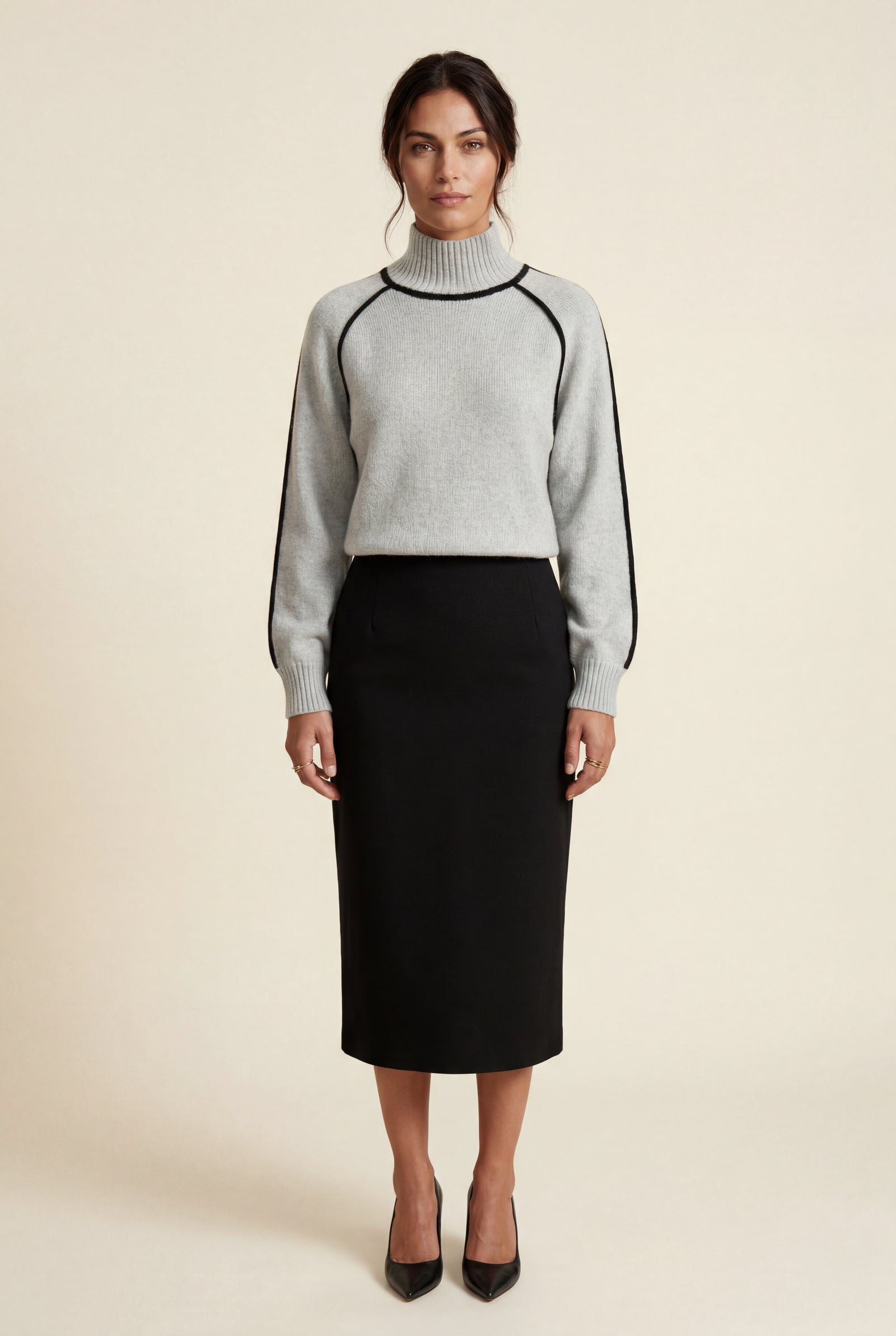 Gray Balloon Sleeve Oversized High Neck Sweater with Piping - Oversized sweater - Photo 11