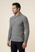 Gray Basketweave Shawl Collar Sweater with Button Detail - Knit sweaters - Photo 2