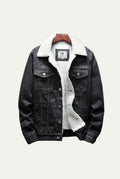Fleece-Lined Denim Trucker Jacket in Gray Black — front view