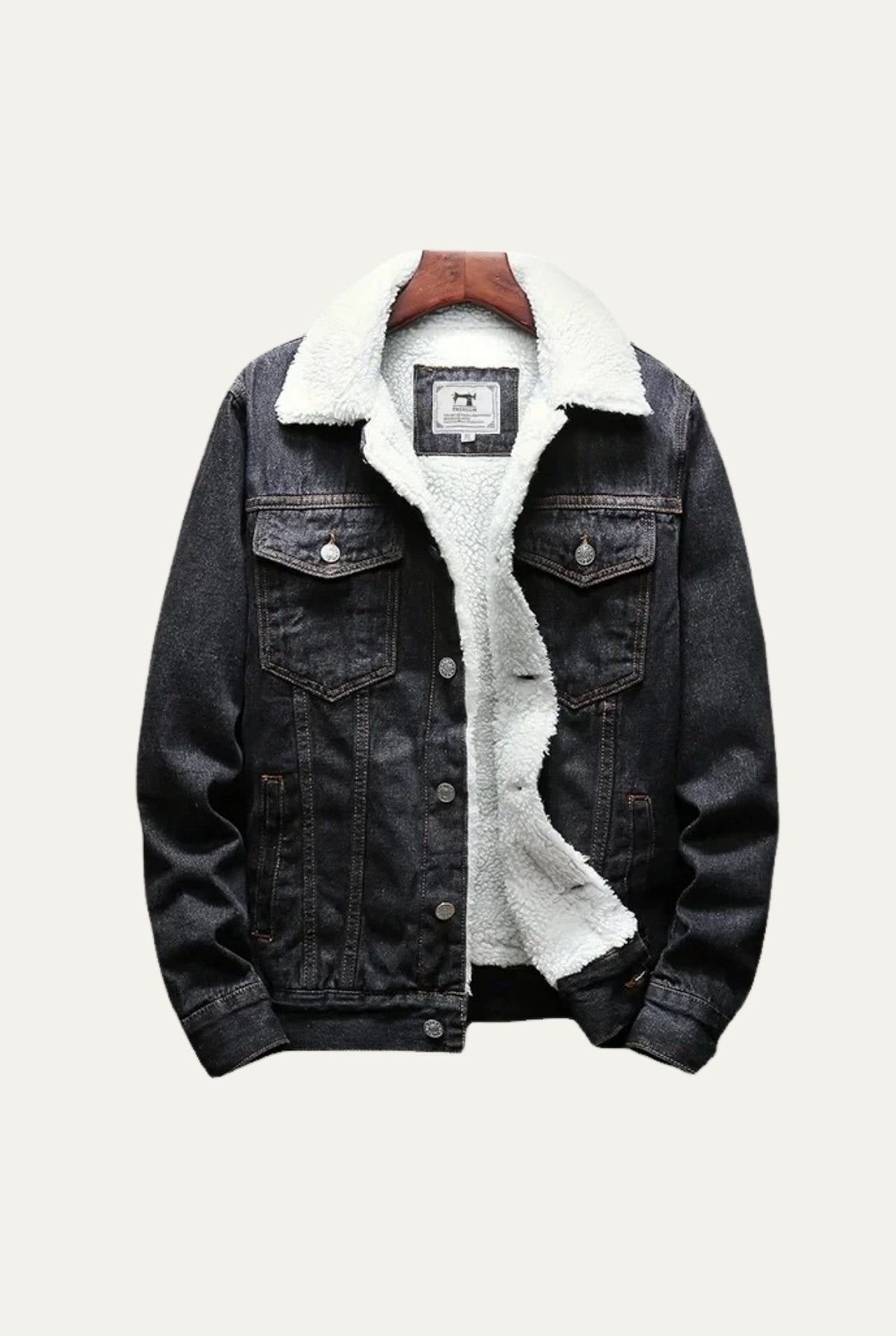 Fleece-Lined Denim Trucker Jacket in Gray Black — front view