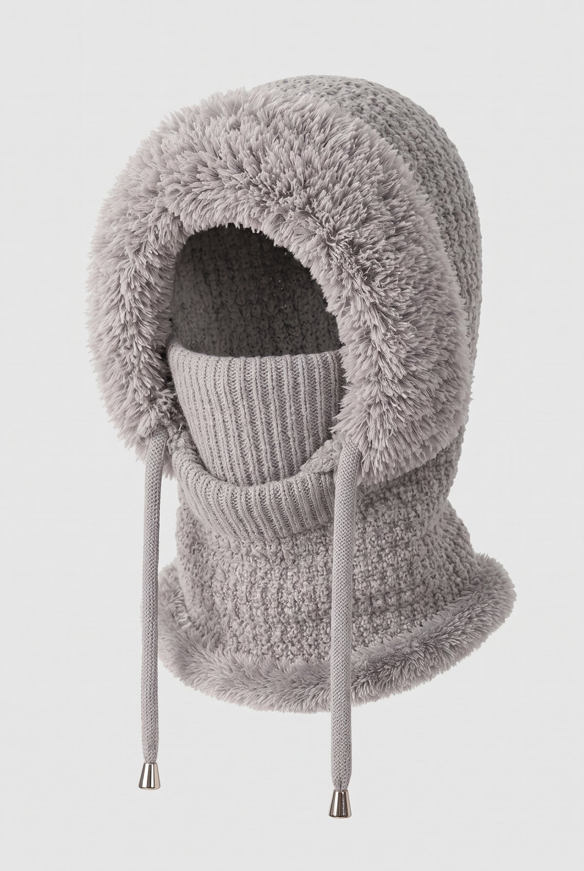 Boucle Knit Hooded Balaclava in Gray — studio front
