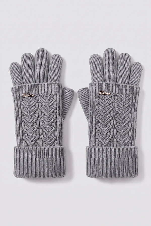 Cable-Knit Gloves with Ribbed Cuffs in Gray — studio front