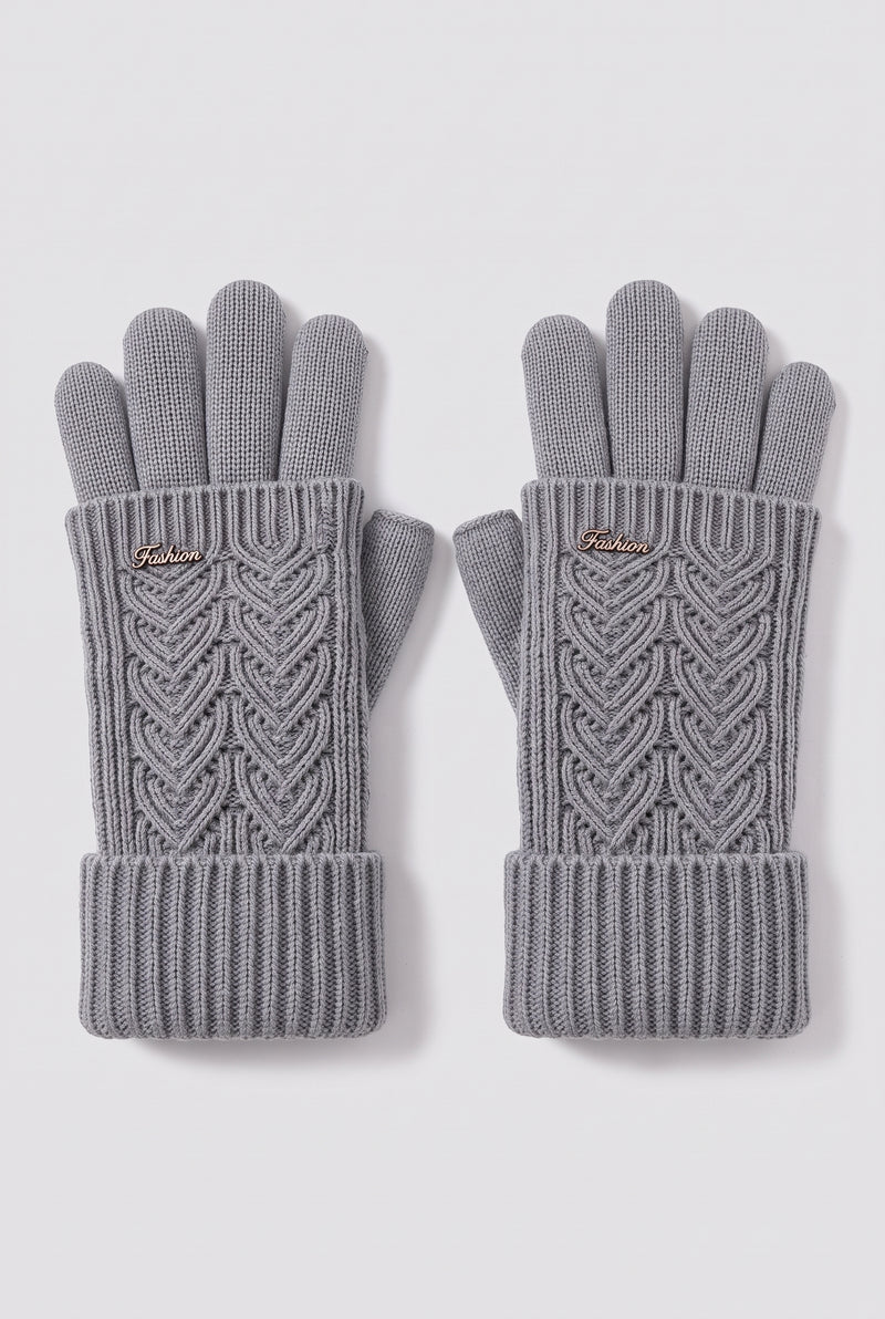 Cable-Knit Gloves with Ribbed Cuffs in Gray — studio front