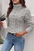 Cable-Knit Turtleneck Sweater in Gray — studio front