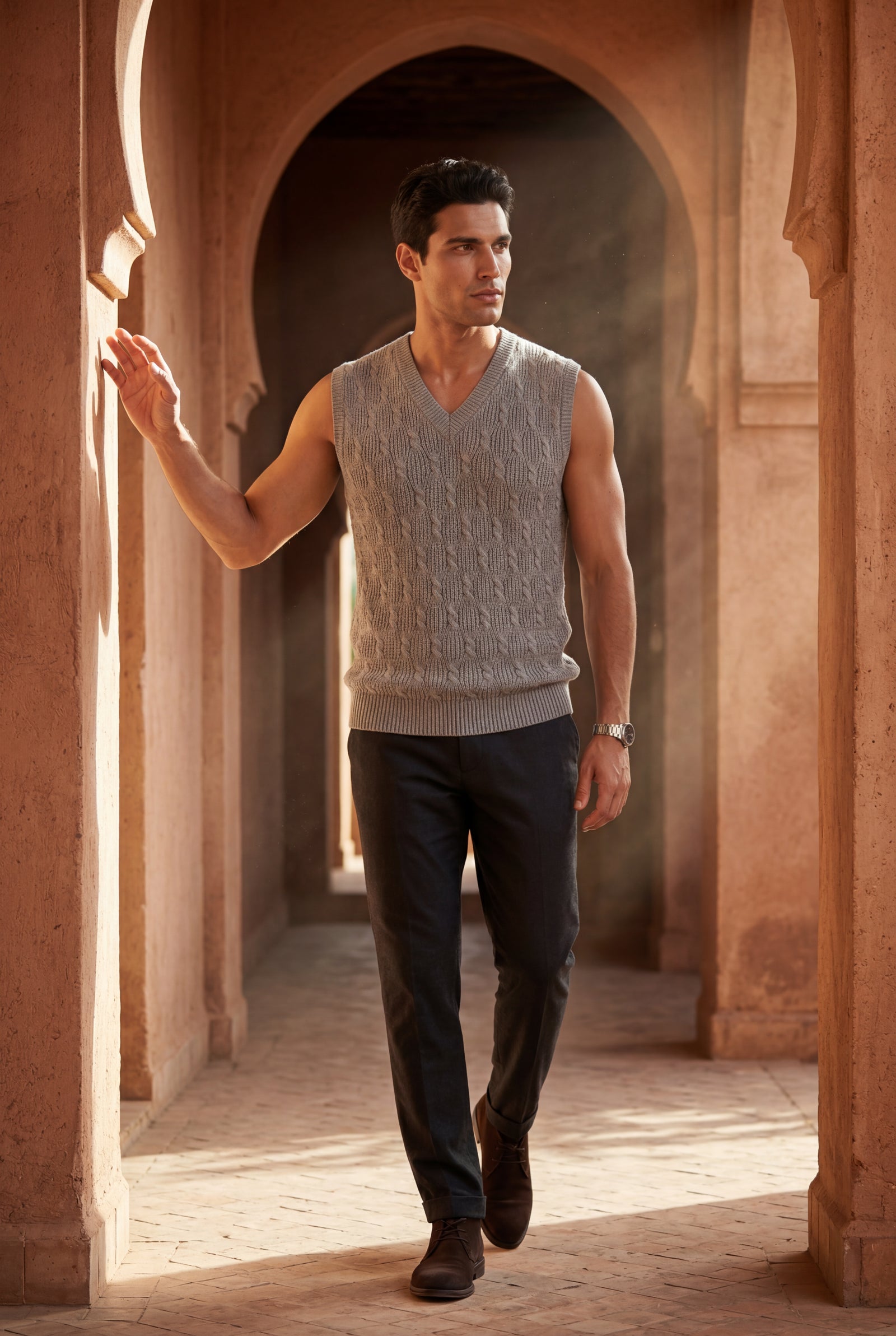 Gray Cable V-neck Sweater Vest with Ribbed Hem - Vests - Photo 12