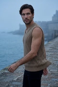 Khaki Cable V-neck Sweater Vest with Ribbed Hem - Vests - Photo 14