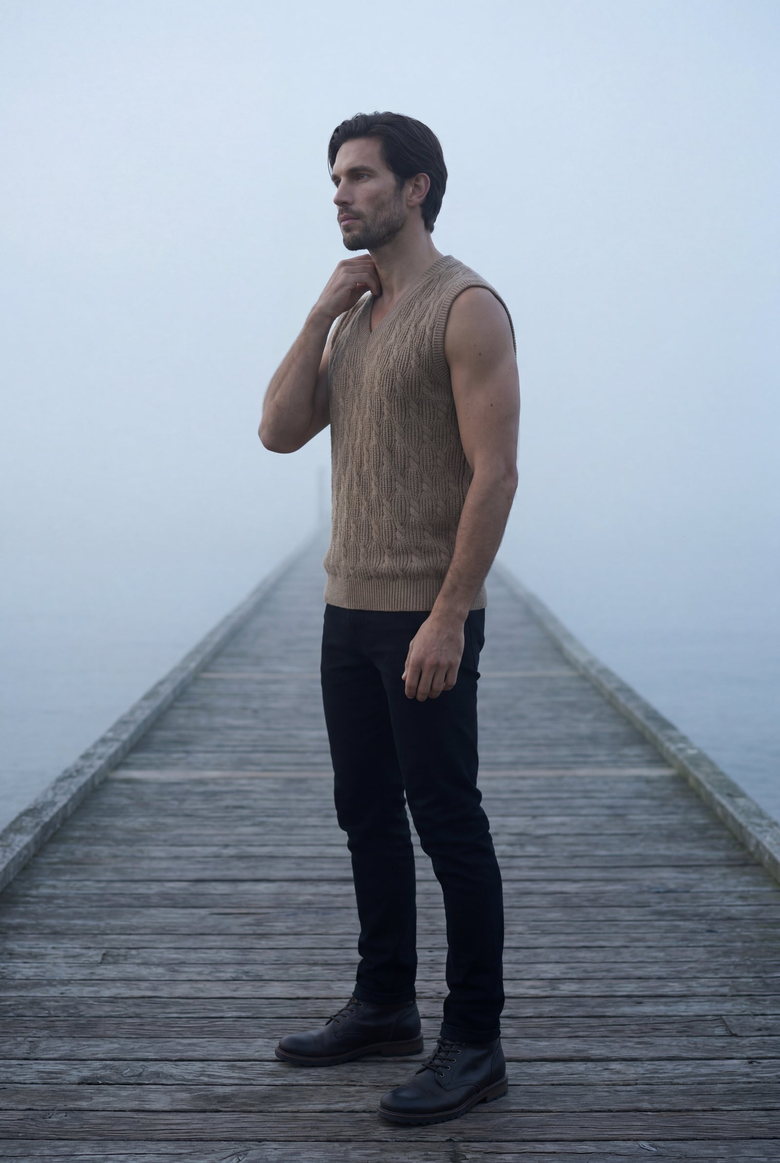 Khaki Cable V-neck Sweater Vest with Ribbed Hem - Vests - Photo 15
