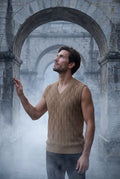 Khaki Cable V-neck Sweater Vest with Ribbed Hem - Vests - Photo 16
