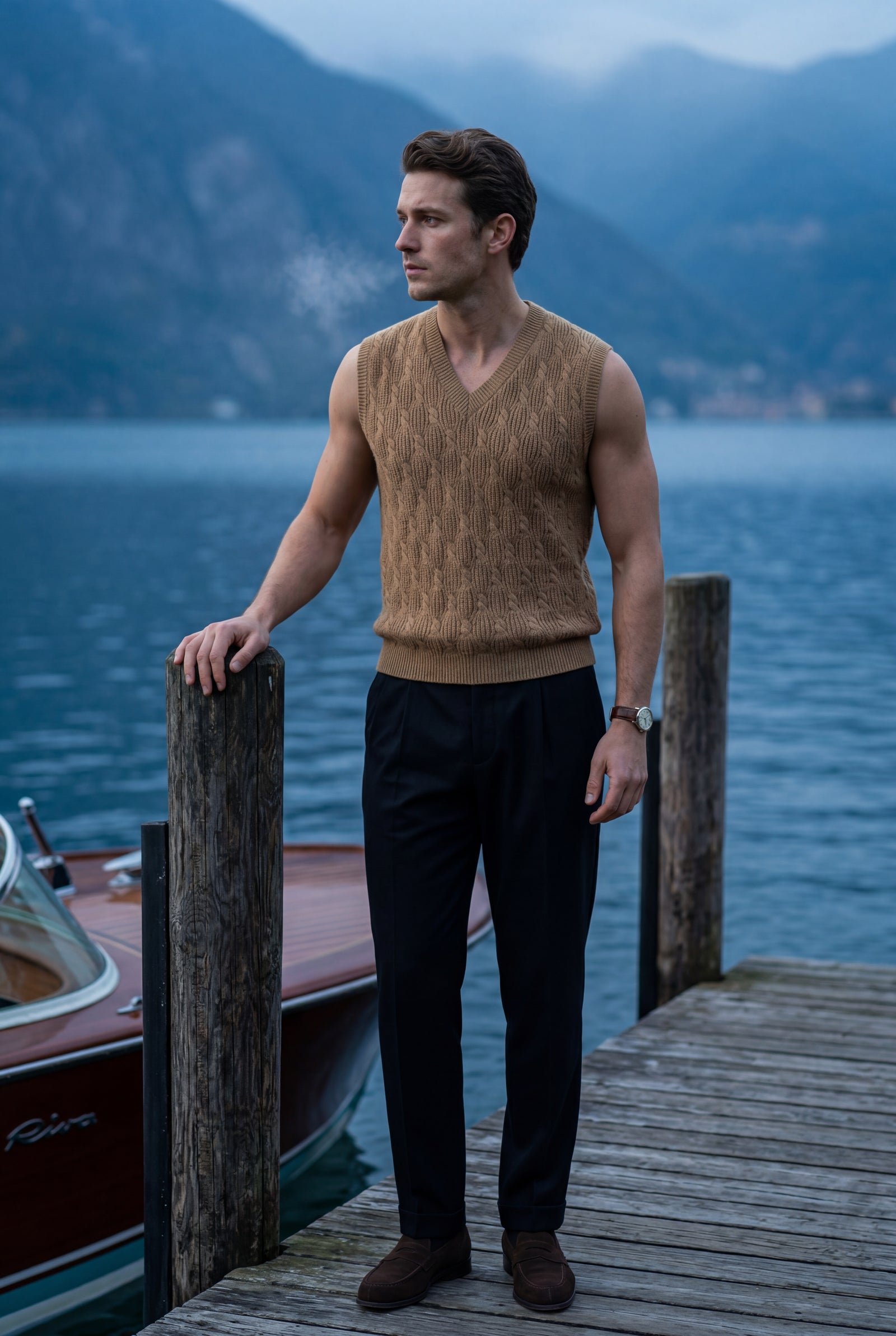Khaki Cable V-neck Sweater Vest with Ribbed Hem - Vests - Photo 18