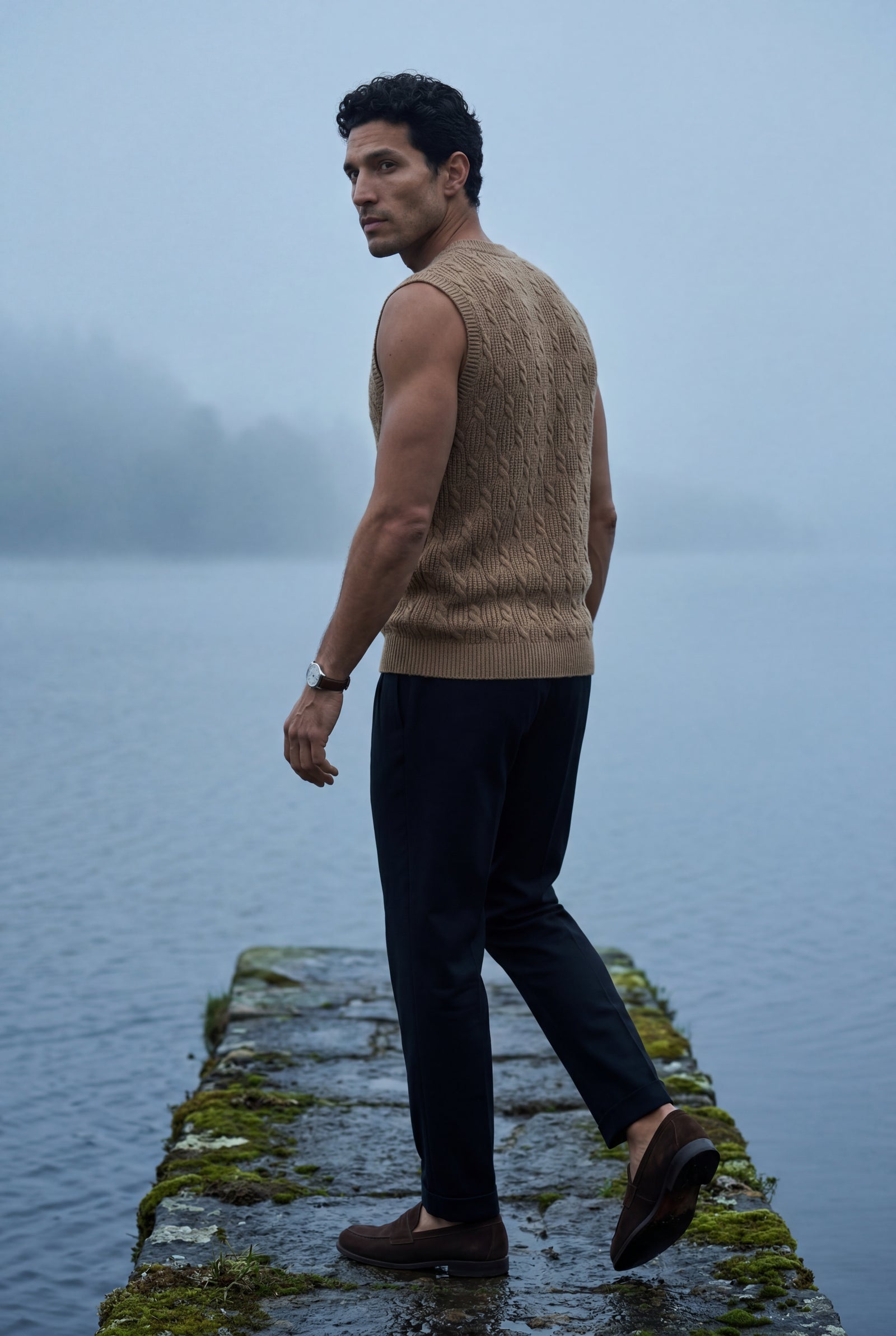 Khaki Cable V-neck Sweater Vest with Ribbed Hem - Vests - Photo 19