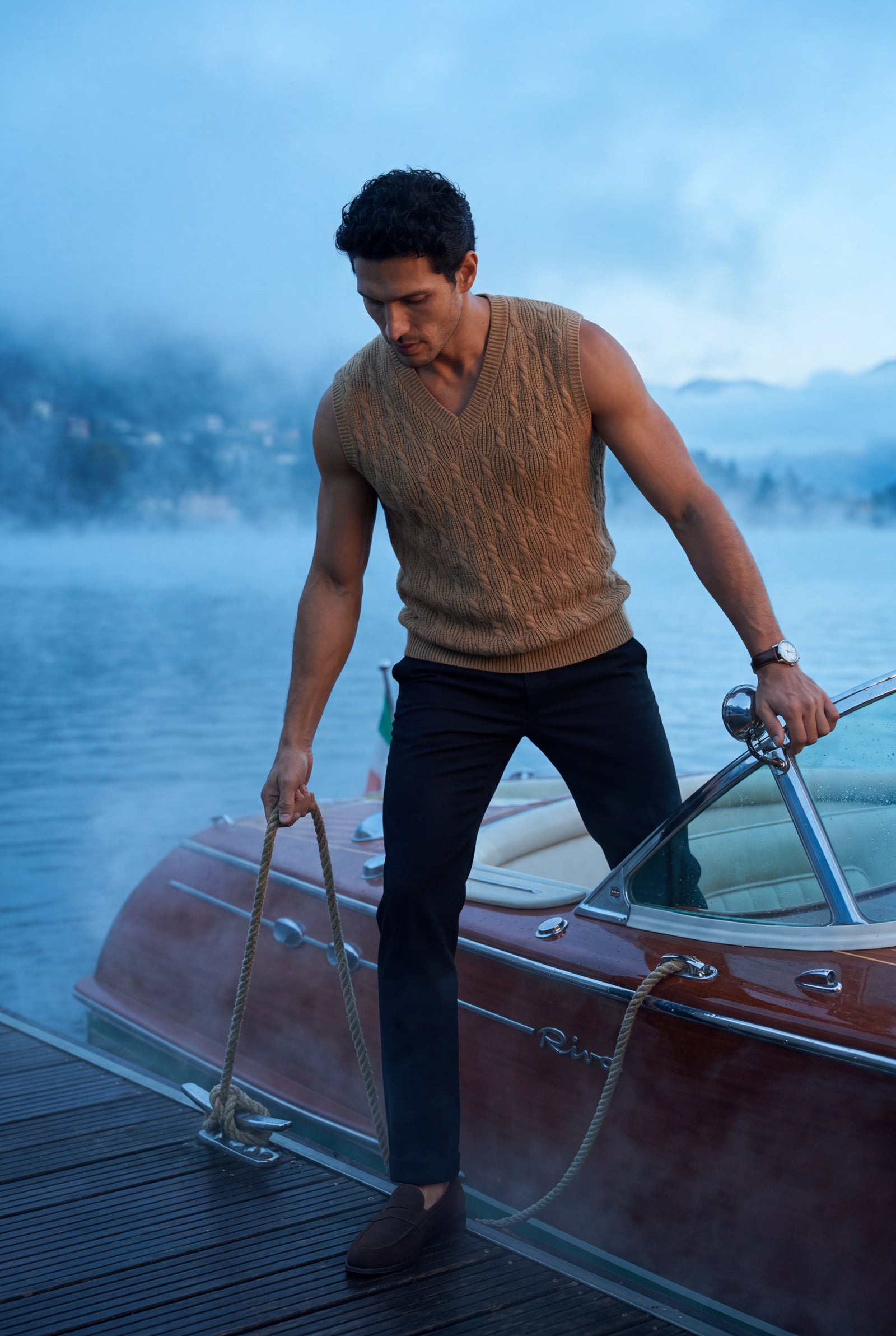 Khaki Cable V-neck Sweater Vest with Ribbed Hem - Vests - Photo 20