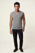 Gray Cable V-neck Sweater Vest with Ribbed Hem - Vests - Photo 6