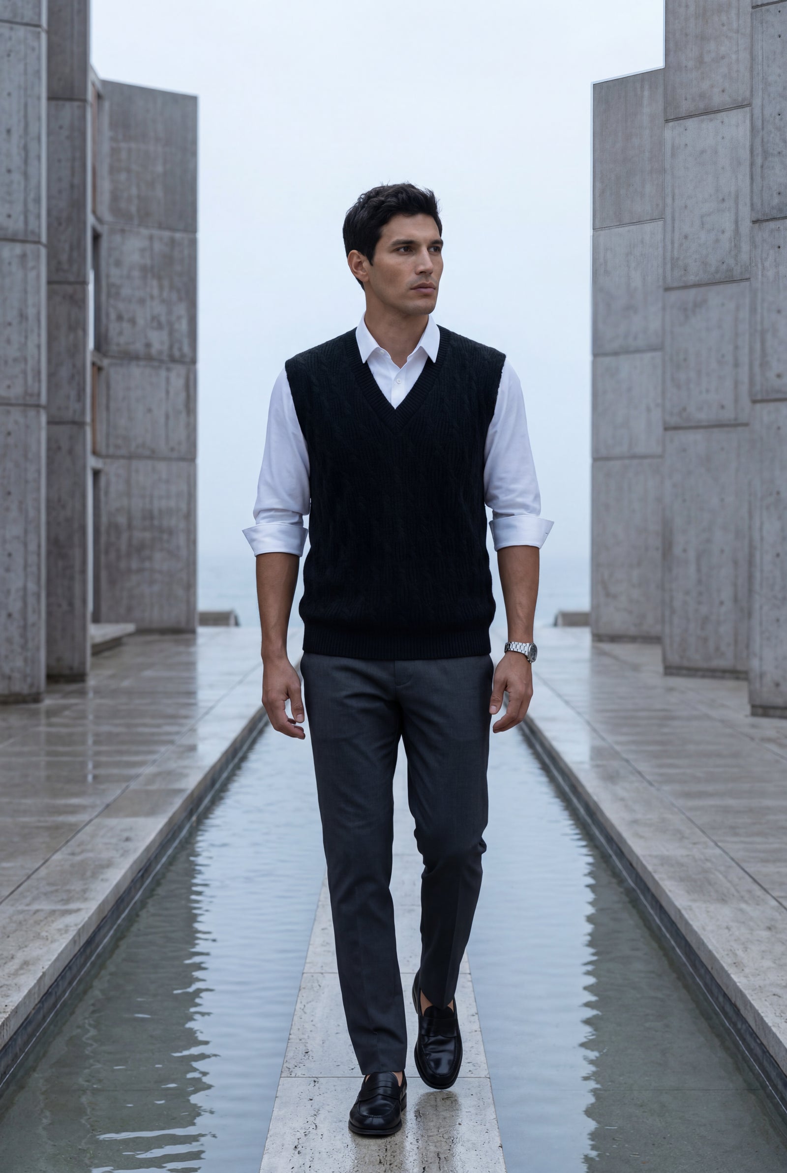 Black Cable V-neck Sweater Vest with Ribbed Hem - Vests - Photo 7