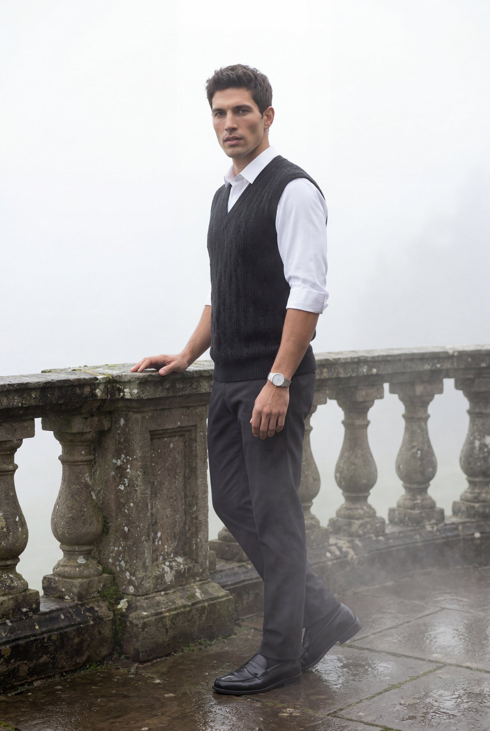 Black Cable V-neck Sweater Vest with Ribbed Hem - Vests - Photo 9
