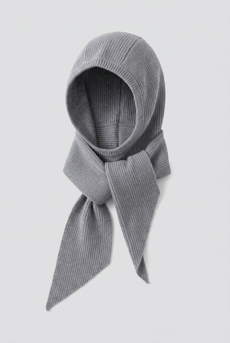 Cashmere Hooded Scarf Balaclava in Gray — studio front