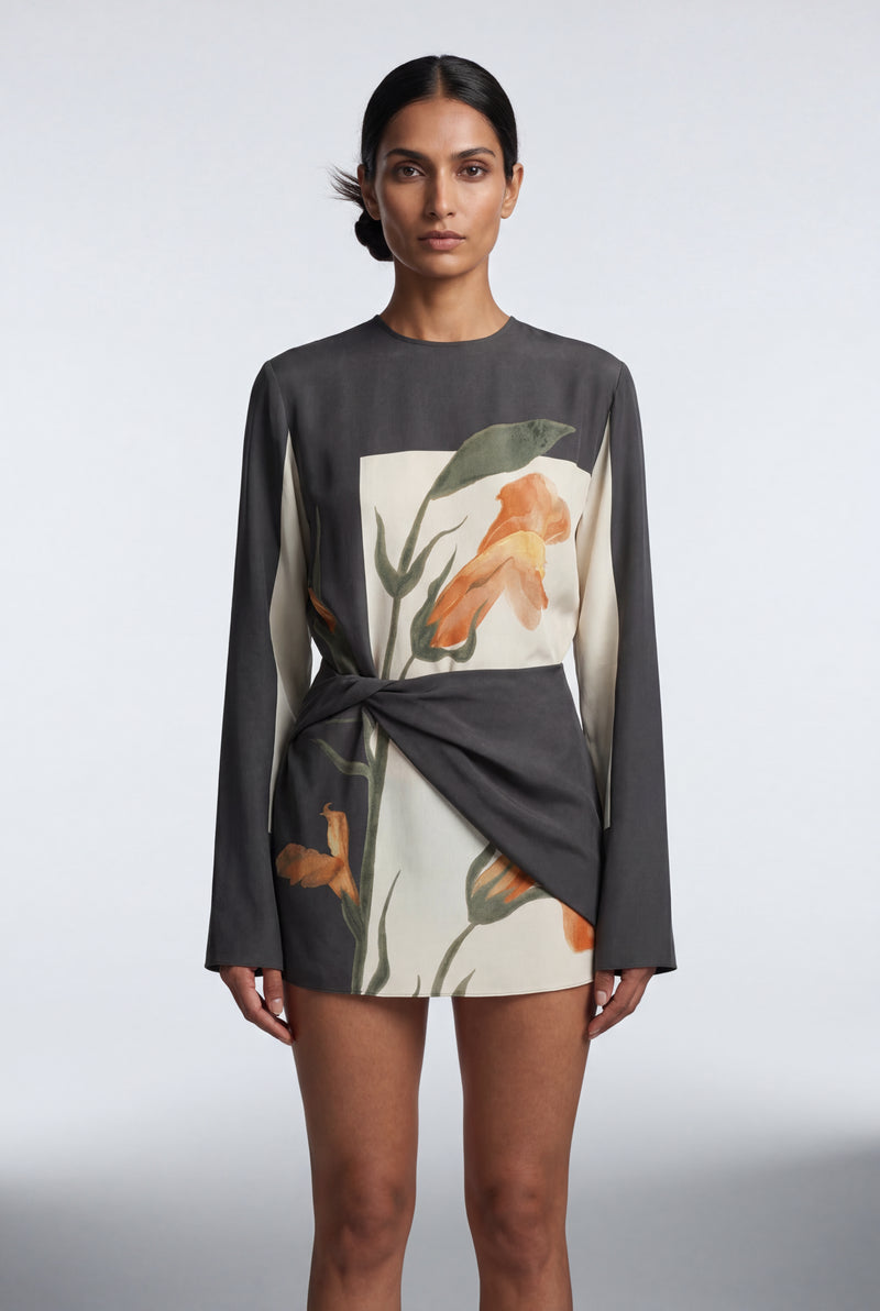 Gray Charcoal Botanical Print Draped Overlay Mini Cocktail Dress - Photo 1