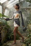 Gray Charcoal Botanical Print Draped Overlay Mini Cocktail Dress - Photo 2