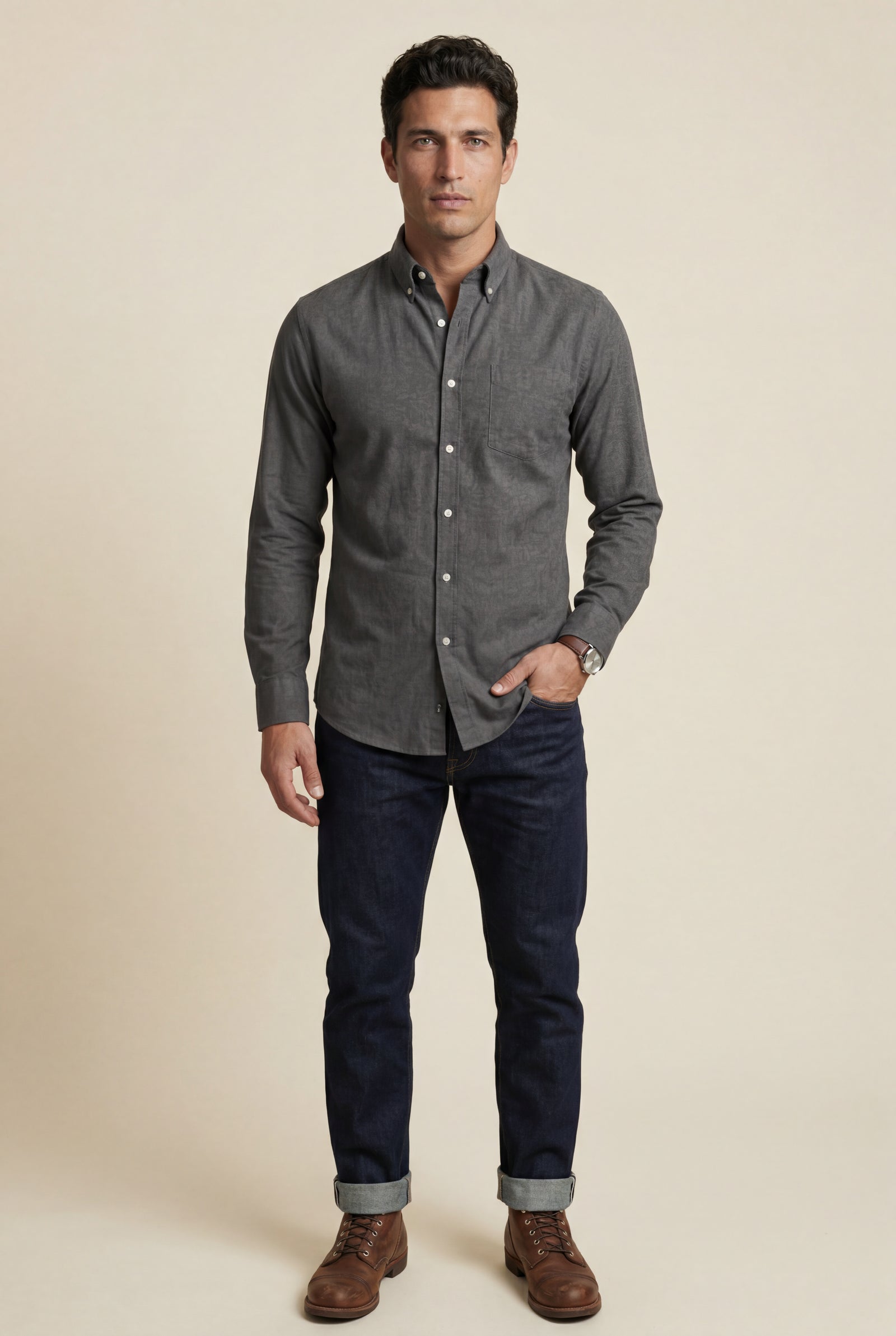 Gray Charcoal Structured Long Sleeve Button-down Shirt - Casual Shirts - Photo 1
