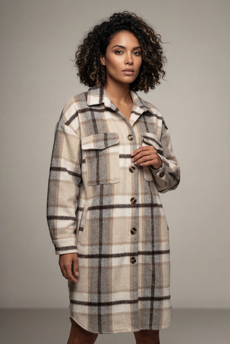Gray Checked Button-front Long Plaid Coat with Chest Pockets - Long coat - Photo 2