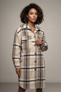 Gray Checked Button-front Long Plaid Coat with Chest Pockets - Long coat - Photo 2