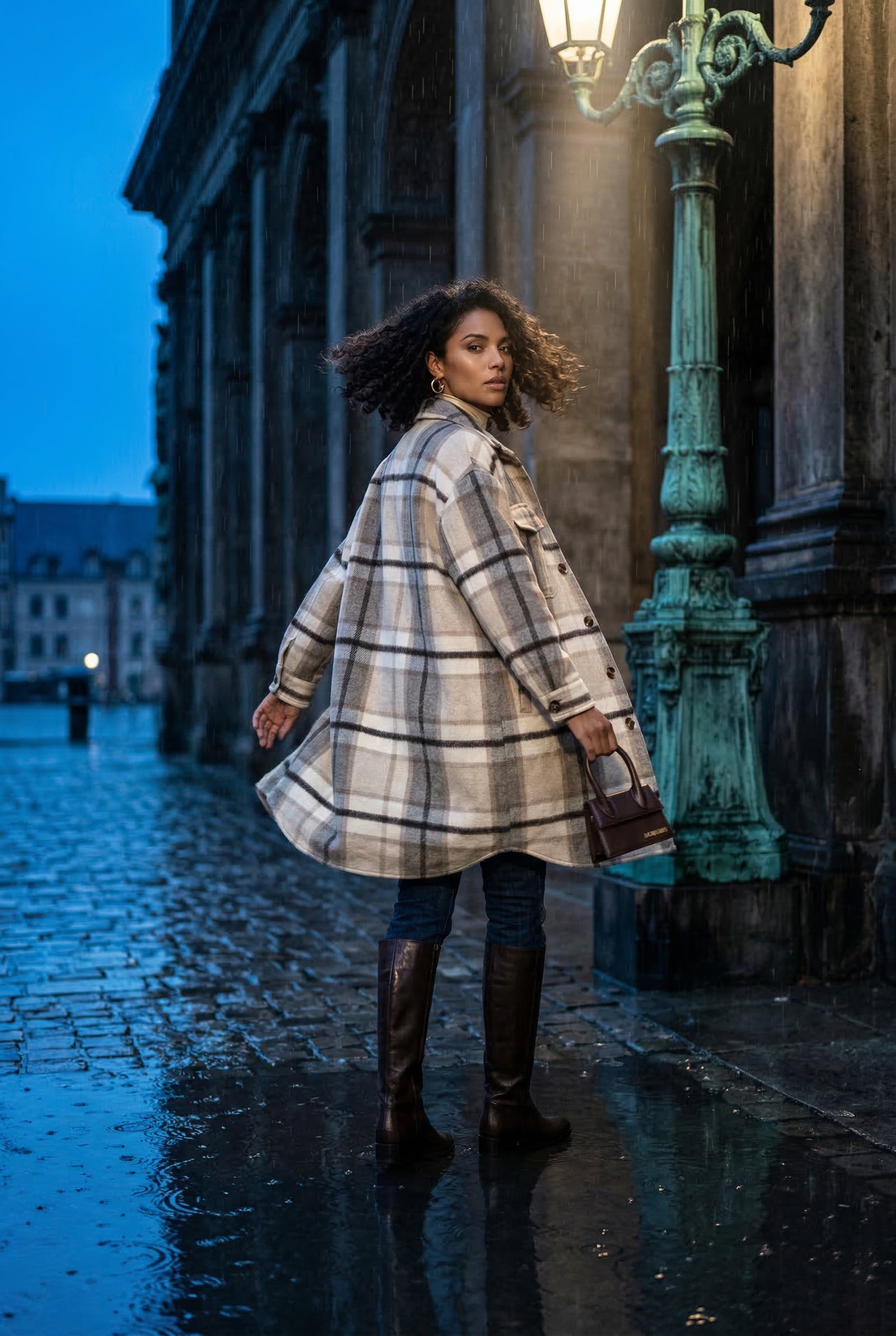 Gray Checked Button-front Long Plaid Coat with Chest Pockets - Long coat - Photo 3