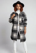 Black Checked Button-front Long Plaid Coat with Chest Pockets - Long coat - Photo 4
