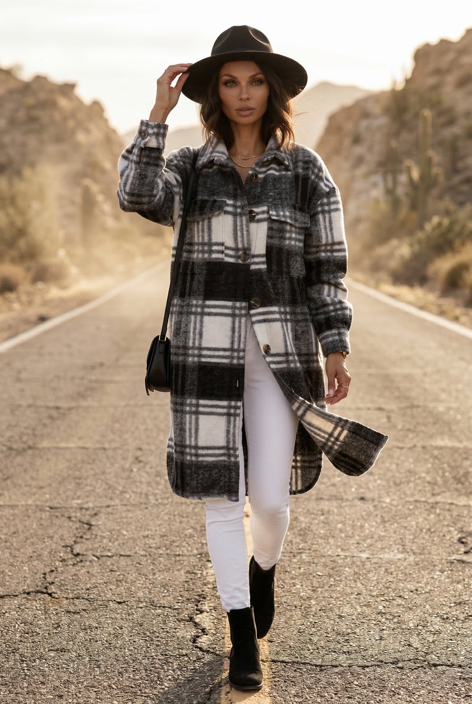 Black Checked Button-front Long Plaid Coat with Chest Pockets - Long coat - Photo 8
