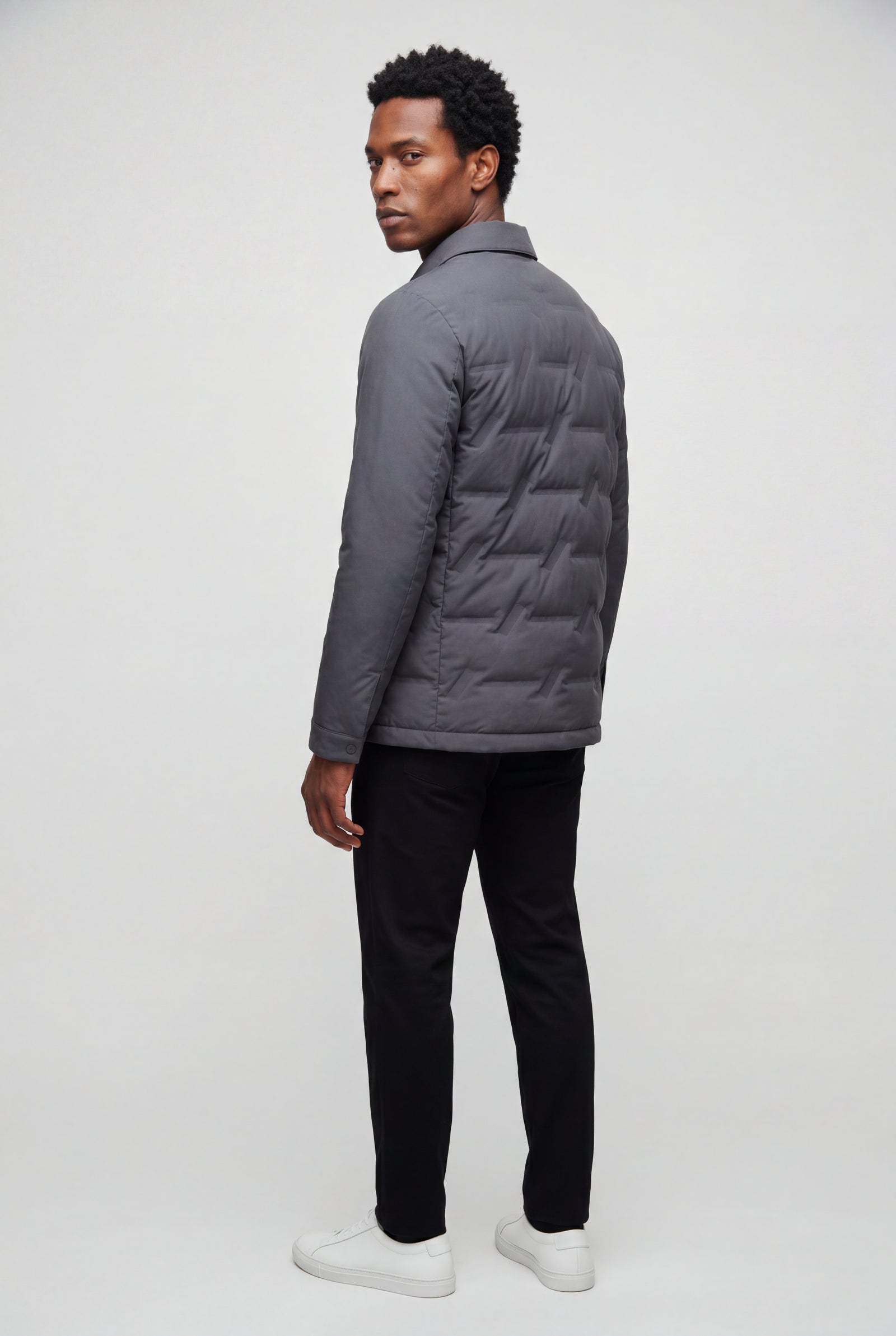 Gray Chevron Quilted Snap-front Puffer Shirt Jacket - Puffer jackets - Photo 2