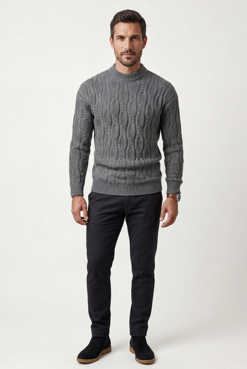 Gray Chunky Cable Crewneck Sweater with Ribbed Hem - Photo 2