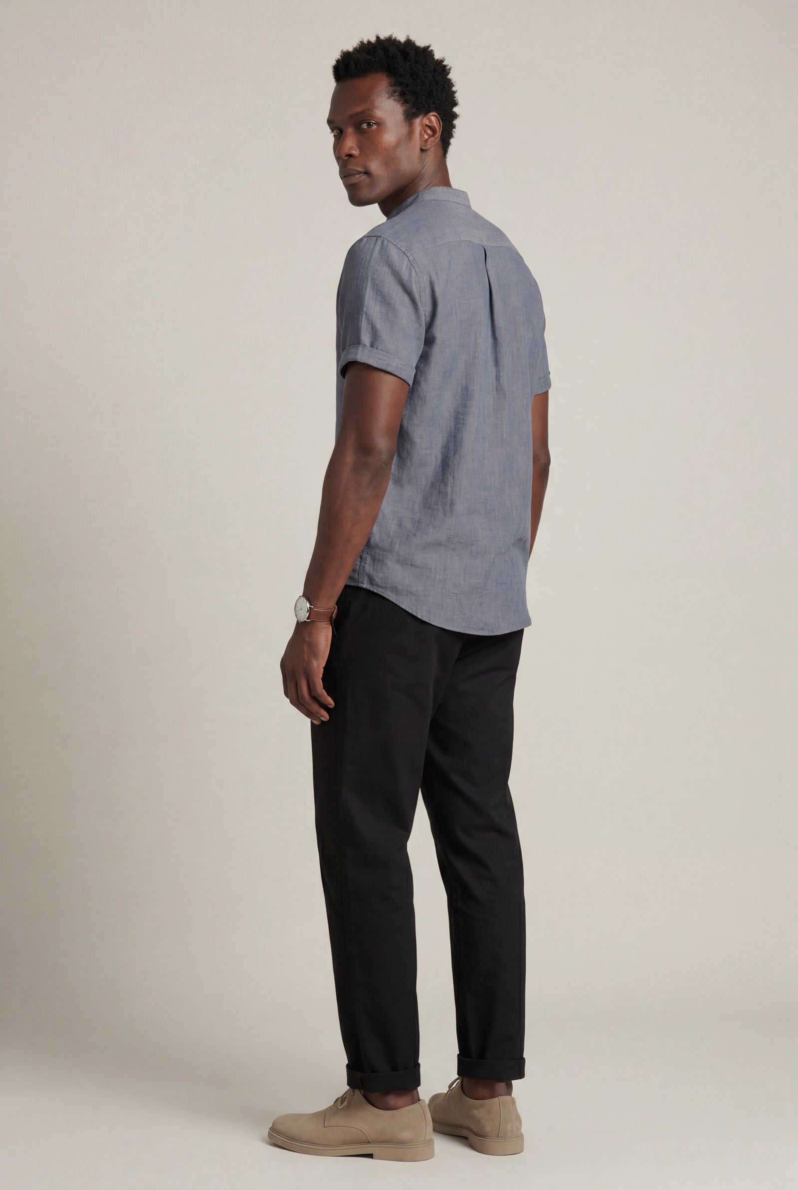 Gray Collarless Short Sleeve Shirt and Drawstring Jogger Pants Set - Casual sets - Photo 3