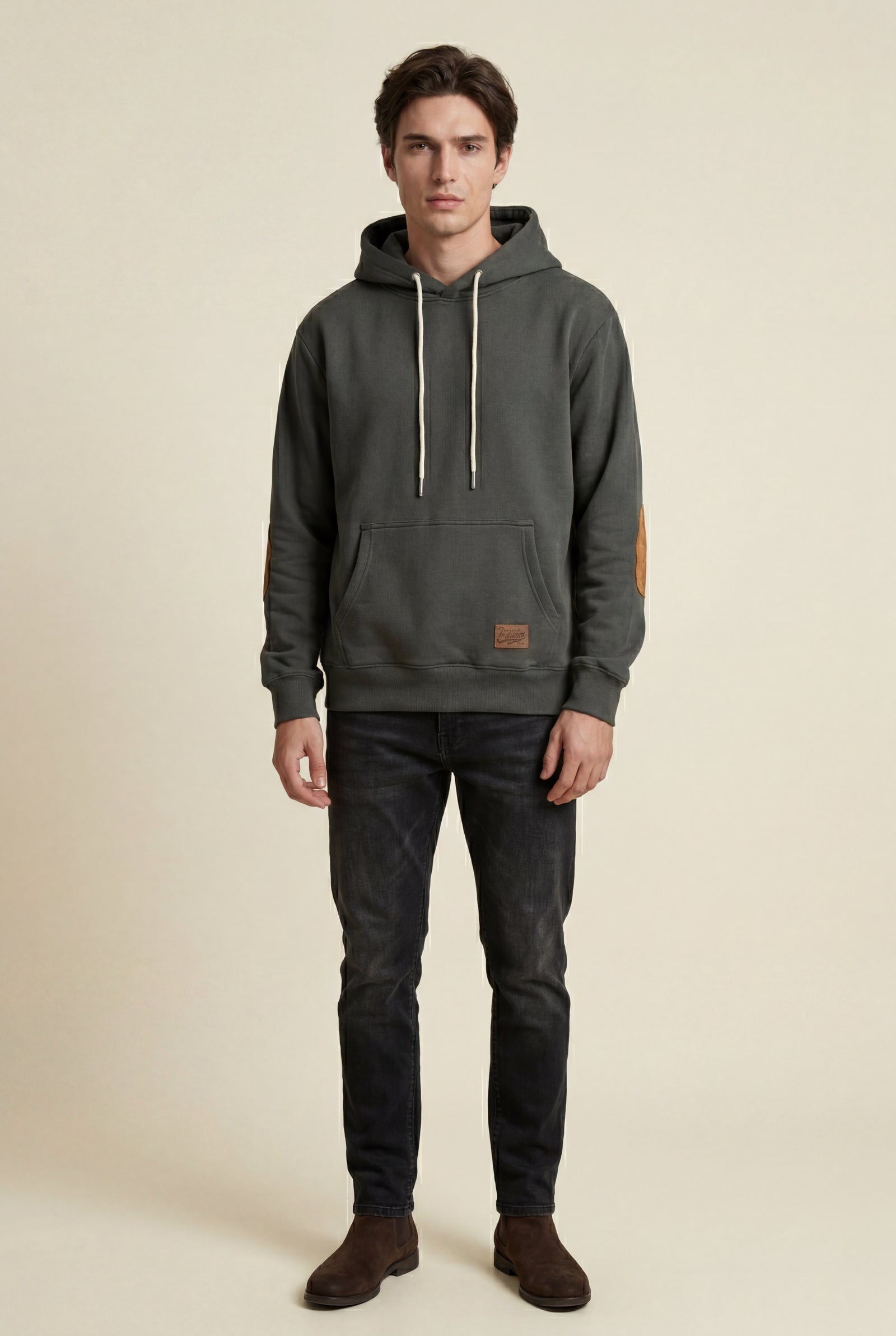 Gray Contrast Elbow Patch Pullover Hoodie with Drawstring Hood - Men's hoodie - Photo 5