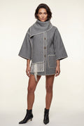 Gray Contrast Trim Wrap Jacket with Attached Fringed Scarf - Photo 1