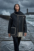Black Contrast Trim Wrap Jacket with Attached Fringed Scarf - Photo 7
