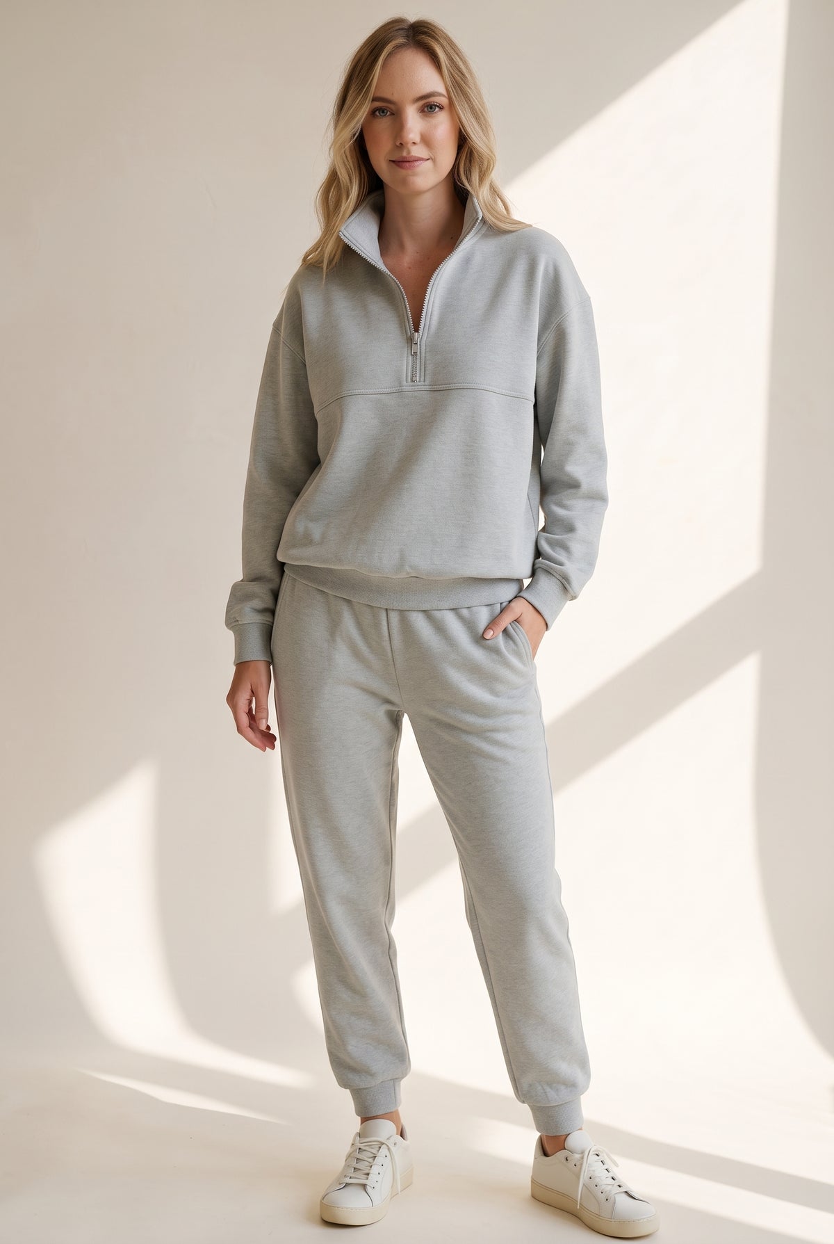 Cotton Half-Zip Tracksuit Set in Gray — studio front
