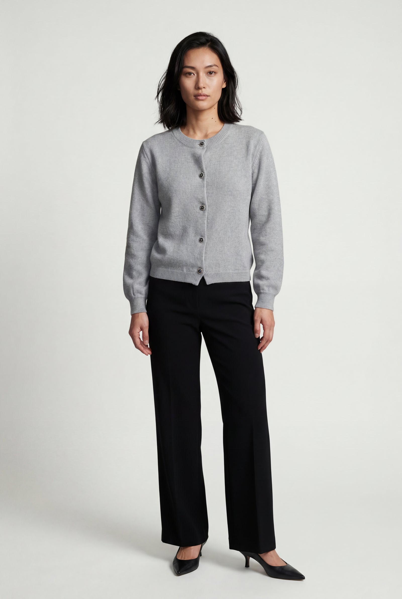 Gray Crew Neck Cropped Button-up Cardigan with Ribbed Hem - Cropped cardigan - Photo 1