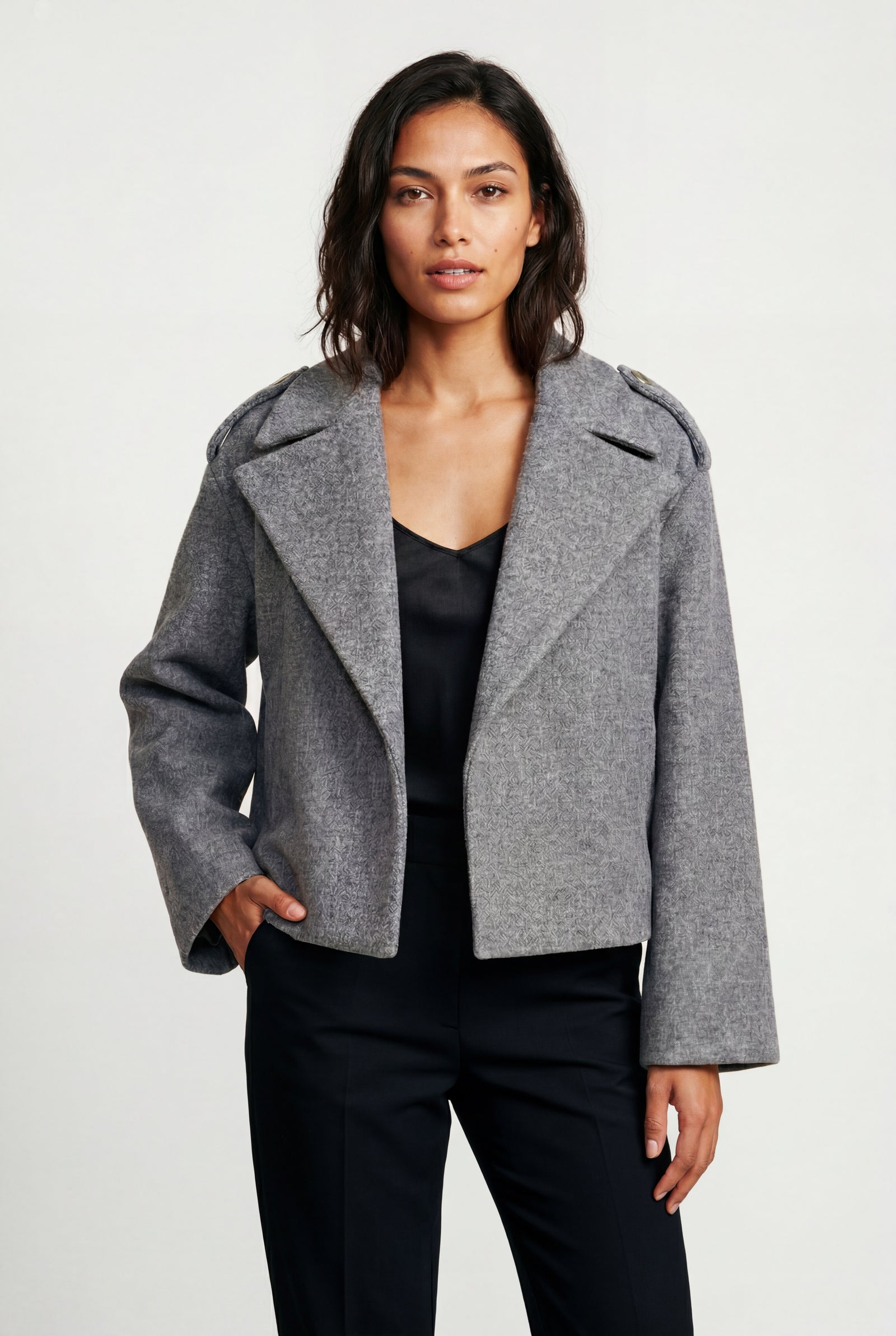 Gray Cropped Double-breasted Boxy Coat with Notched Lapel - Short coat - Photo 2