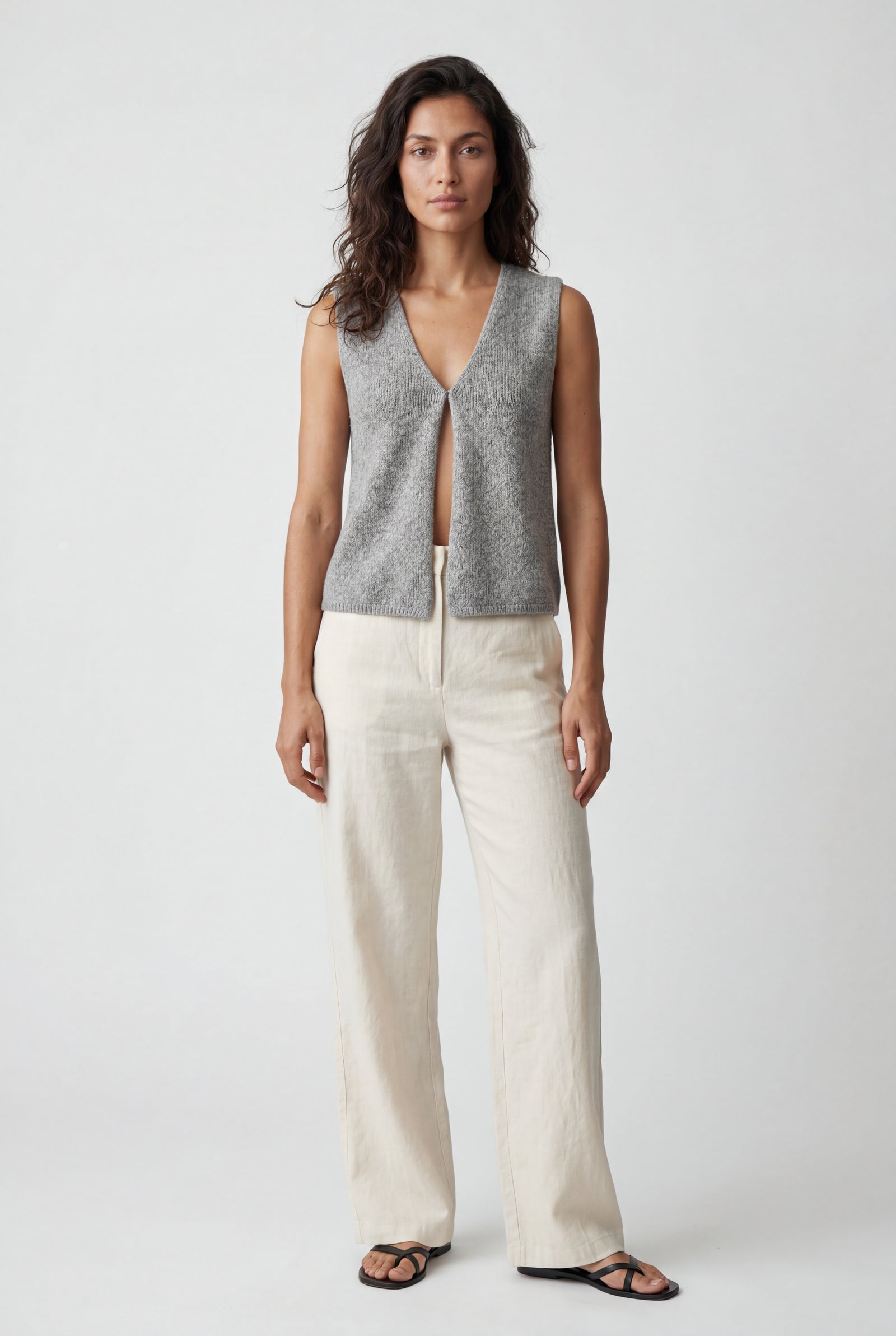 Gray Deep V-neck Cut-out Knitted Sleeveless Vest Top - Sleeveless tops - Photo 1