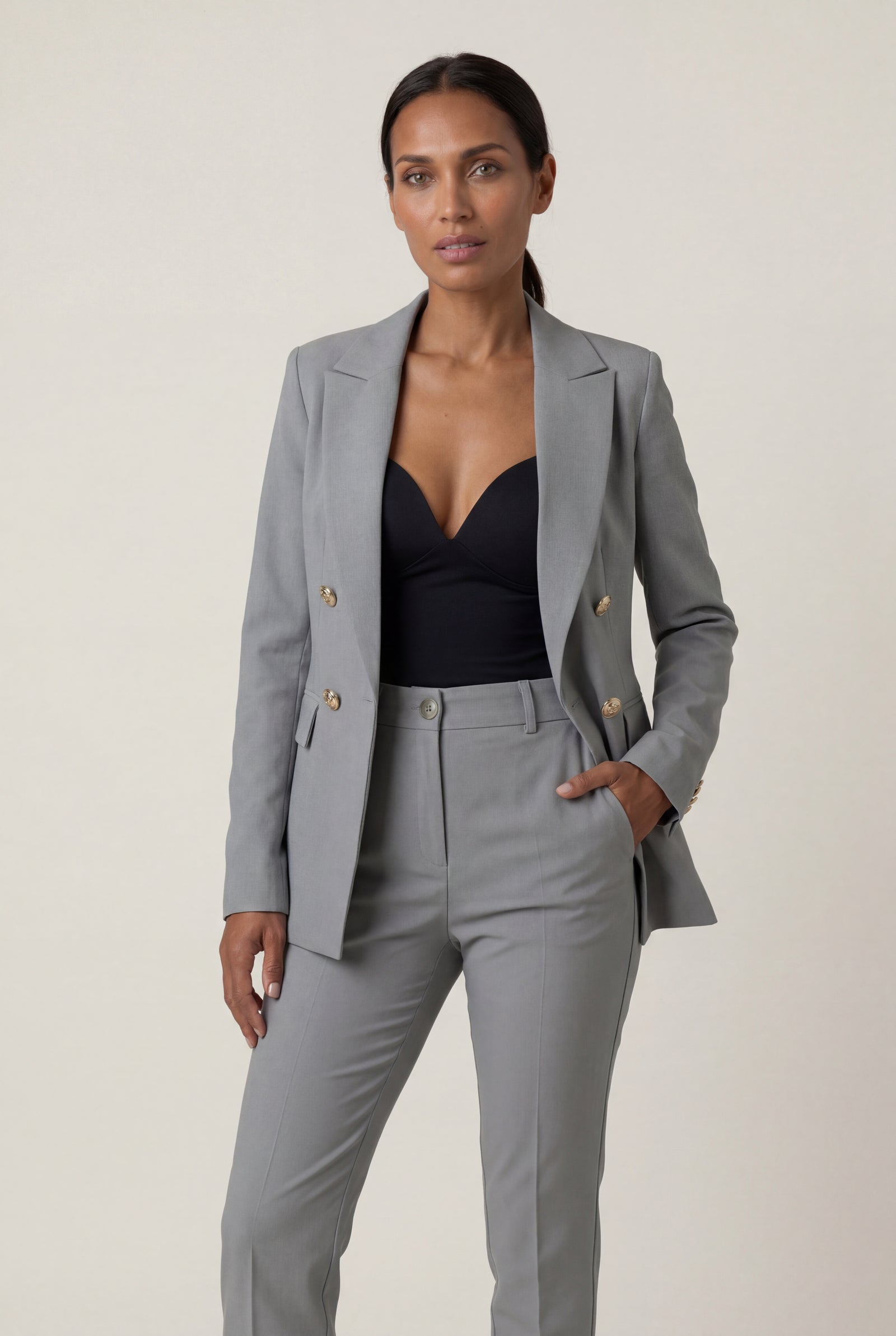 Gray Double-breasted Fitted Jacket and Slim Trouser Suit Set - Photo 27