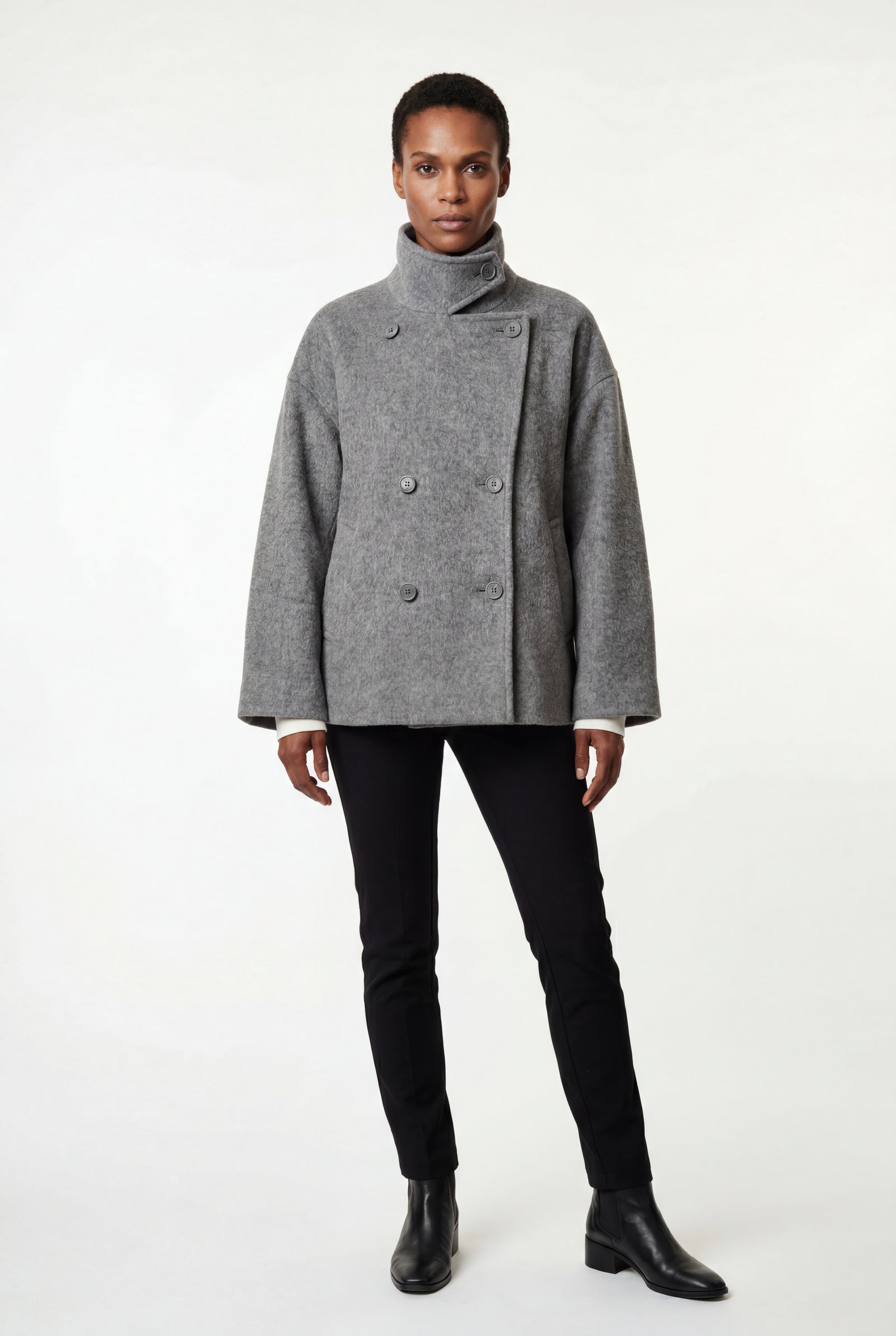 Gray Double-breasted Hip-length Short Coat with Classic Collar - Short coats - Photo 17