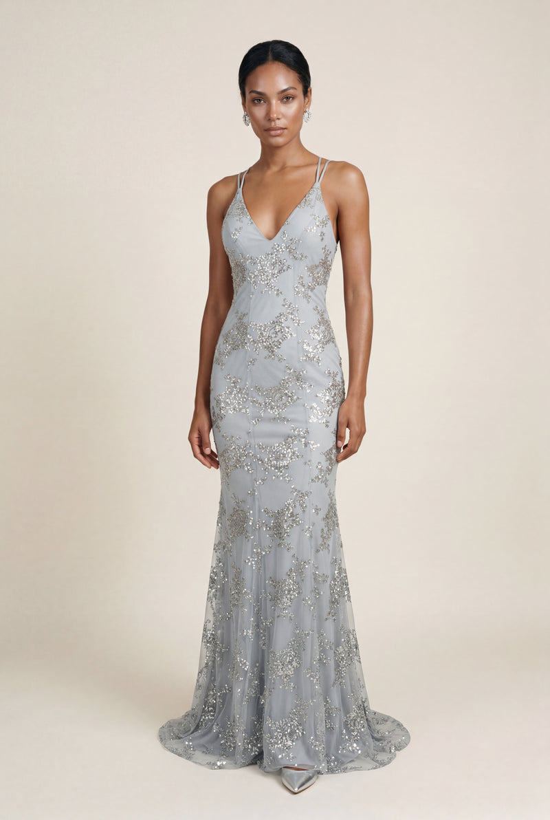 Gray Embellished Deep V-neck Floor-length Evening Gown - Photo 2
