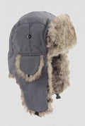 Faux Fur Lined Trapper Hat in Gray — studio front