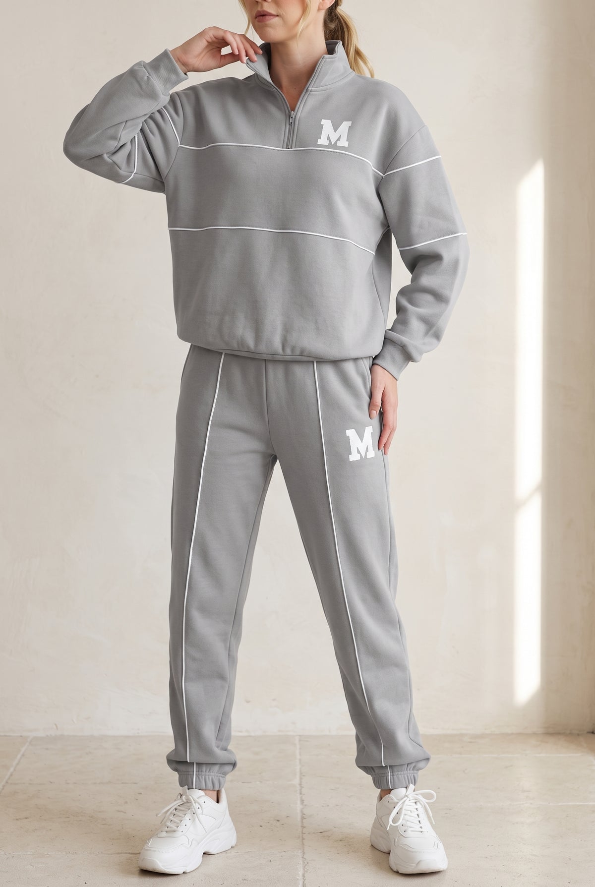 Fleece Loungewear Set in Gray — studio front