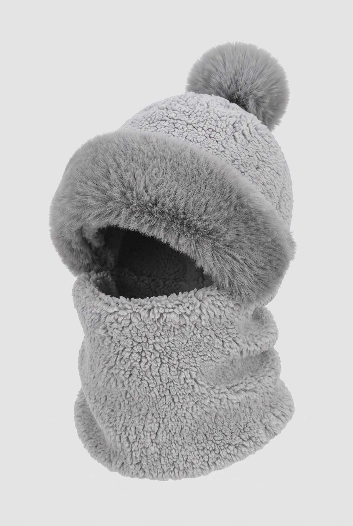 Fleece Pompom Balaclava in Gray — studio front