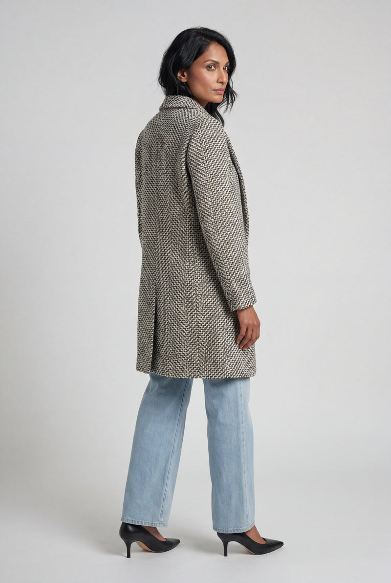Gray Gray Herringbone Single-breasted Long Coat with Notched Lapel - Photo 2