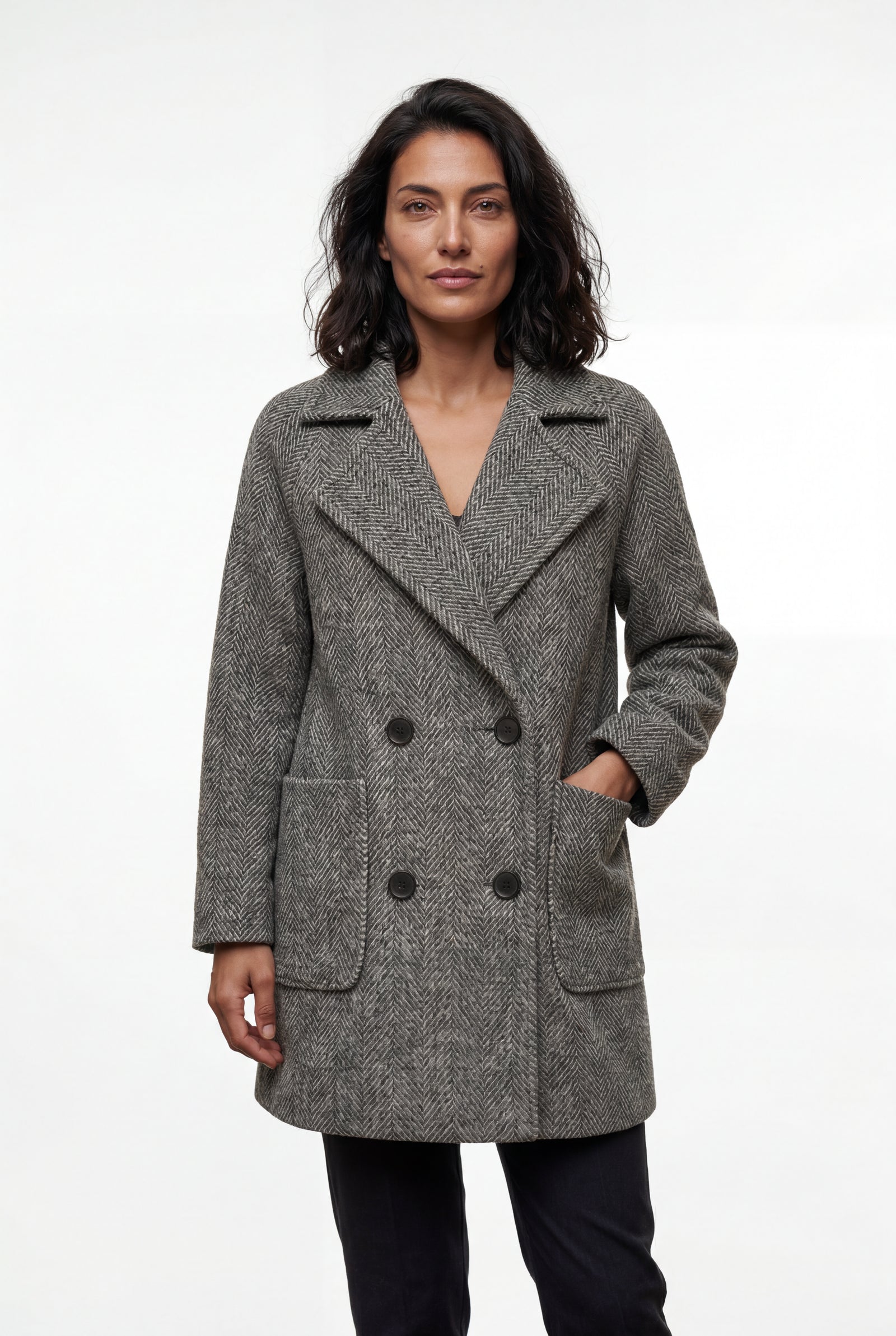 Gray Grey Herringbone Double-breasted Tailored Coat - Tailored coats - Photo 1